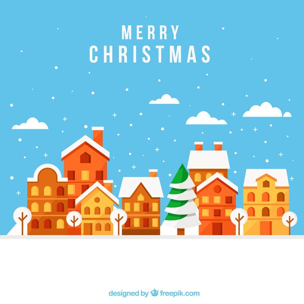 Fondo de feliz navidad con casas en diseño plano 