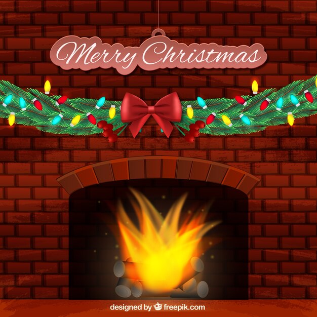 Fondo de feliz navidad con chimenea encendida 