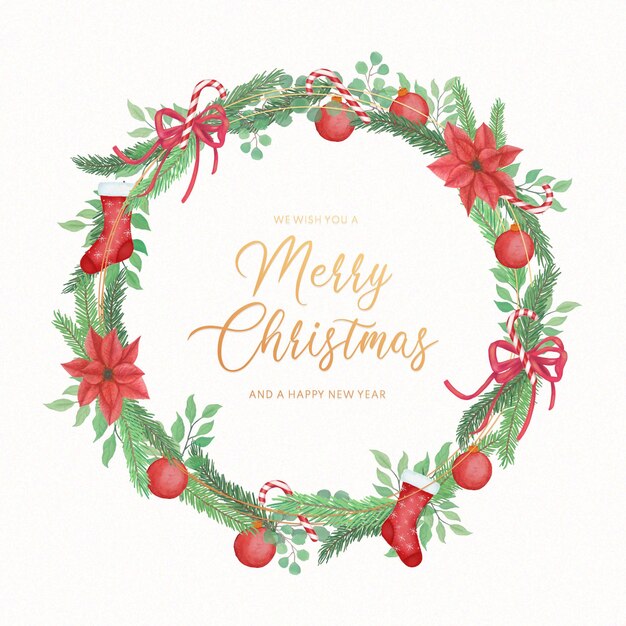 Fondo de feliz Navidad con corona de acuarela