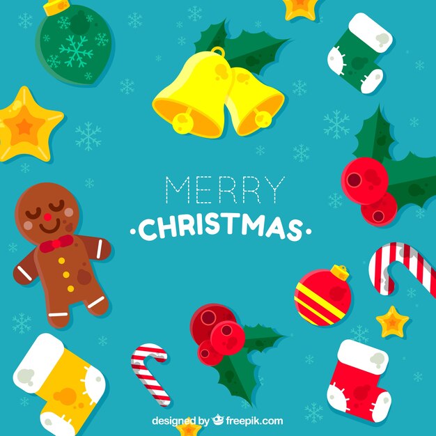 Fondo de feliz navidad con elementos decorativos en diseño plano 