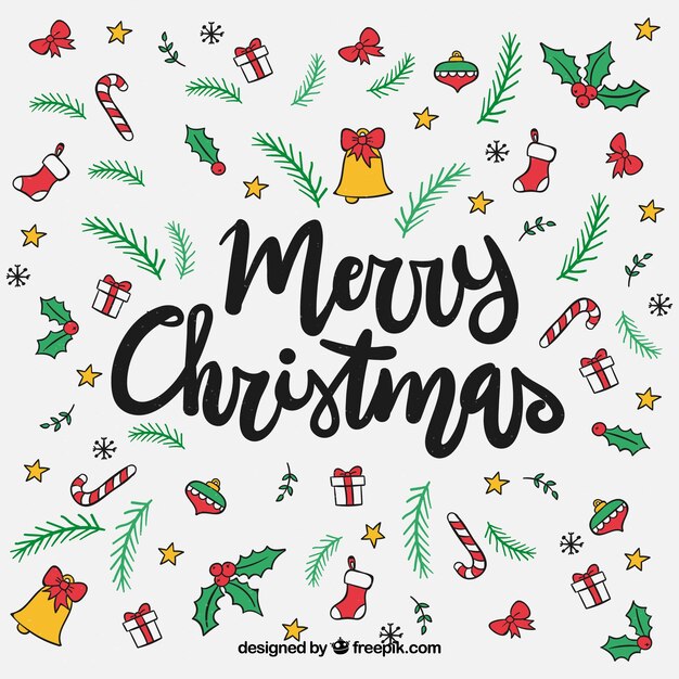 Fondo de feliz navidad con elementos dibujados a mano 