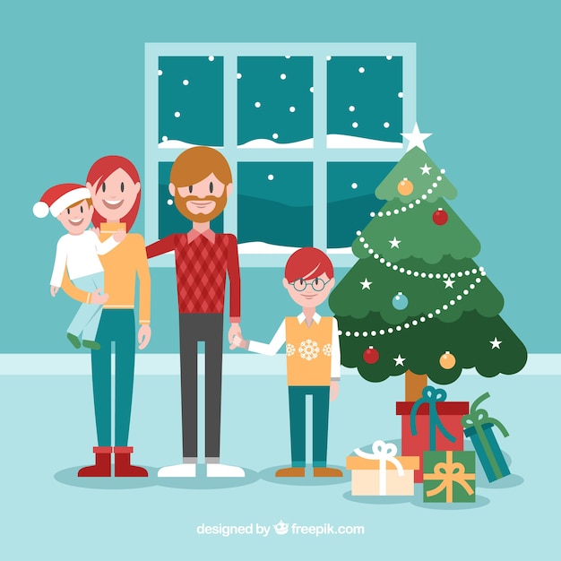 Vector gratuito fondo de feliz navidad con una escena familiar