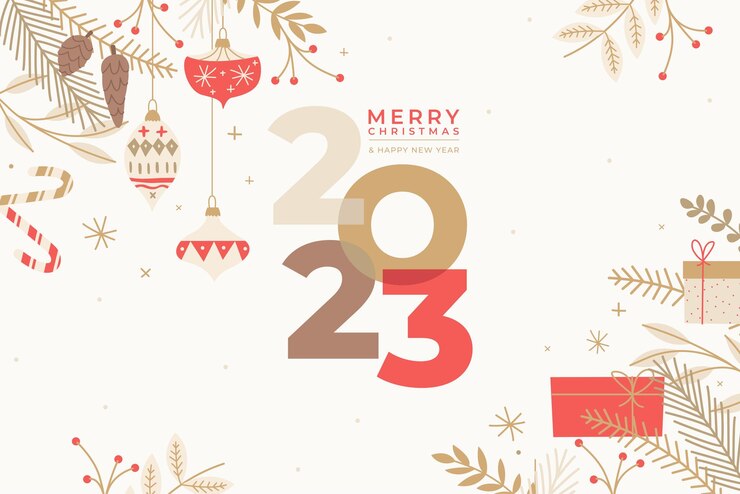 Vector gratuito fondo de feliz navidad y feliz año nuevo con decoración dibujada a mano y flores
