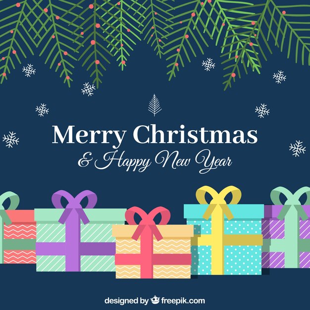 Fondo de feliz navidad y feliz año nuevo con regalos