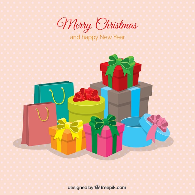 Vector gratuito fondo de feliz navidad con geniales regalos coloridos