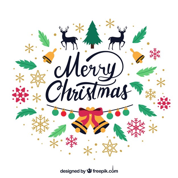 Fondo de feliz navidad con hojas, copos de nieve y decoraciones