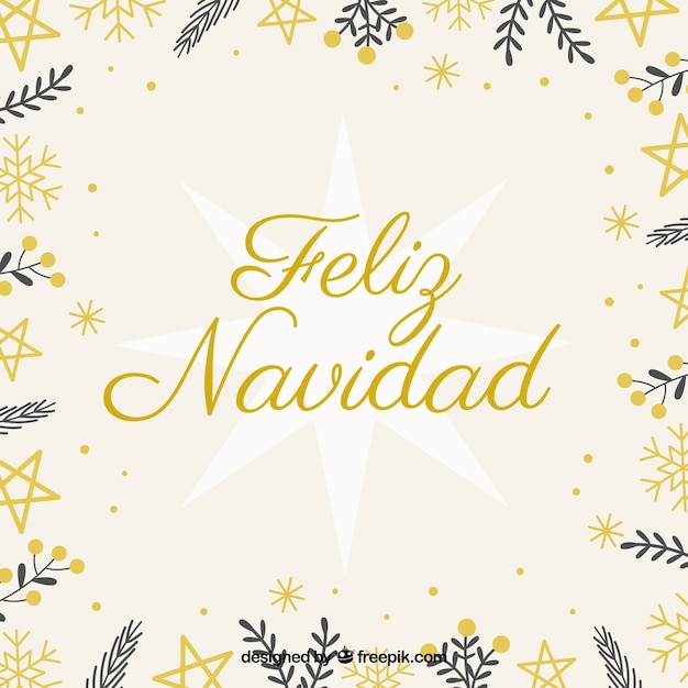 Fondo de feliz navidad con marco de hojas y estrellas doradas