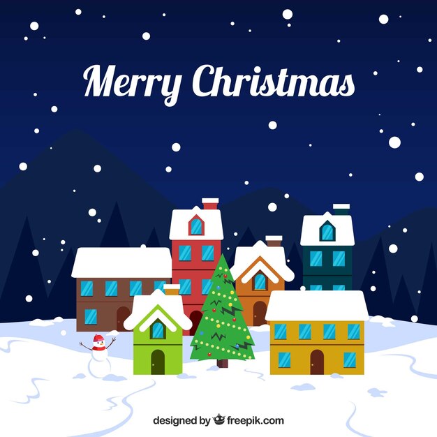Fondo de feliz navidad con pueblo nevado en diseño plano 