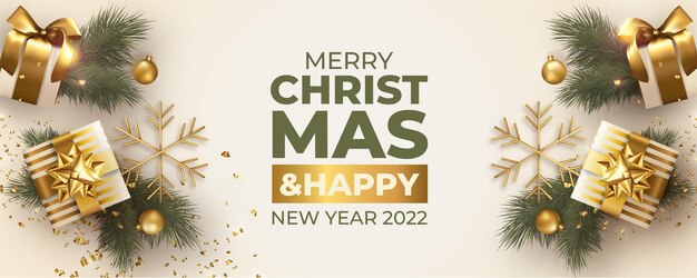 Fondo de feliz Navidad con regalos y adornos realistas