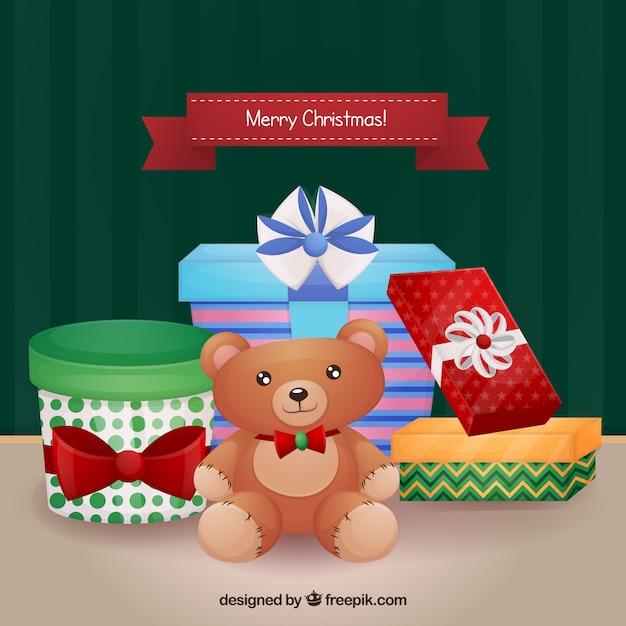 Fondo de feliz navidad con regalos y osito de peluche