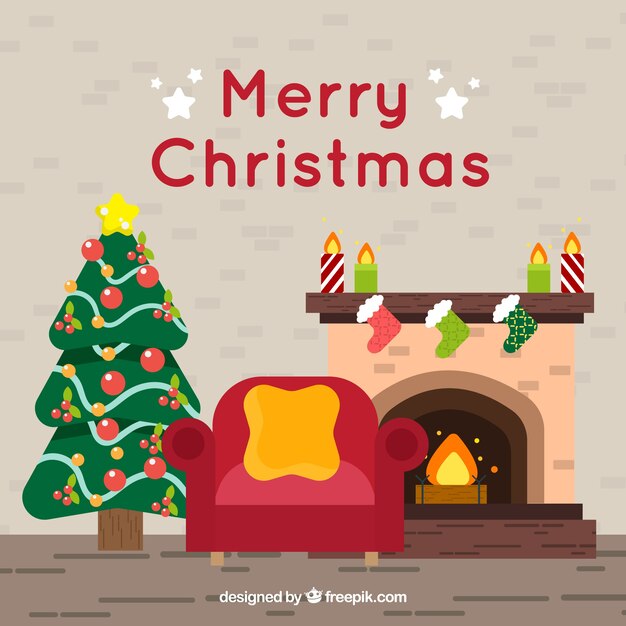 Fondo de feliz navidad con salón decorado en diseño plano