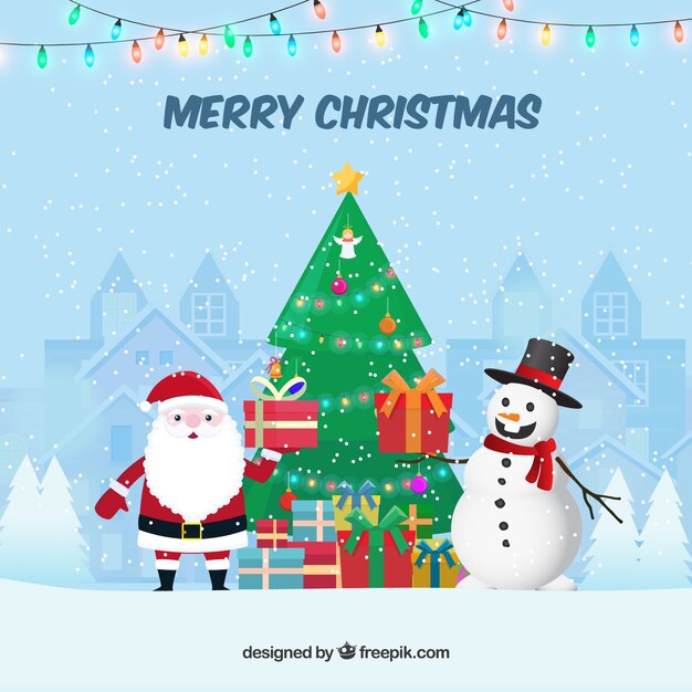 Fondo de feliz navidad con santa claus y muñeco de nieve 