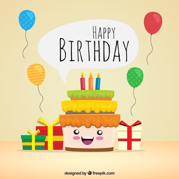 Fondo de feliz tarta de cumpleaños con regalos