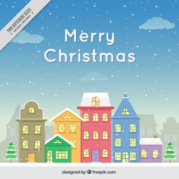 Fondo de felz navidad de bonitas fachadas de casas nevadas
