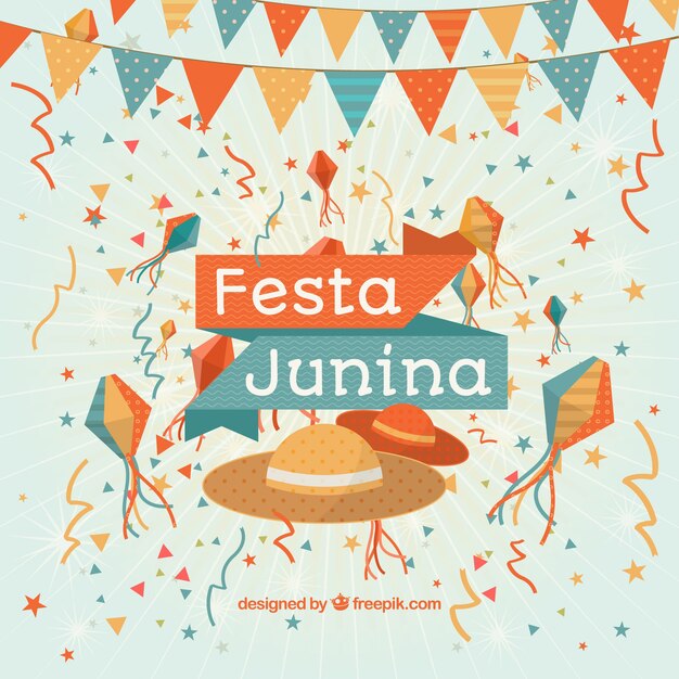 Fondo de festa junina con confeti y sombreros