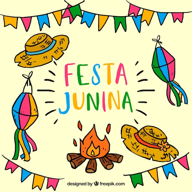 Fondo de festa junina con elementos típicos dibujados a mano