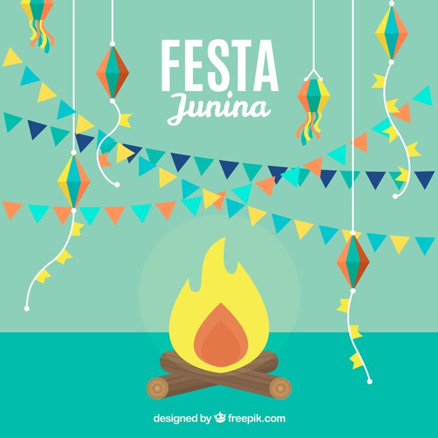 Fondo de festa junina con hoguera y guirnaldas