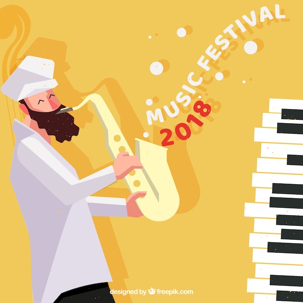 Fondo de festival de música con músico tocando el saxofón