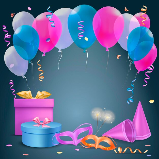 Fondo de fiesta de celebración con globos y símbolos de cajas de regalo ilustración vectorial realista