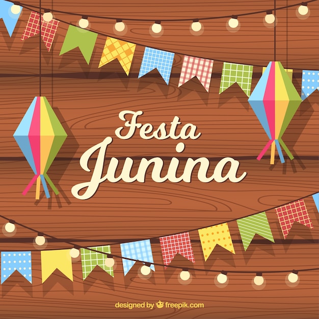 Vector gratuito fondo de fiesta junina con banderines y lámparas planas