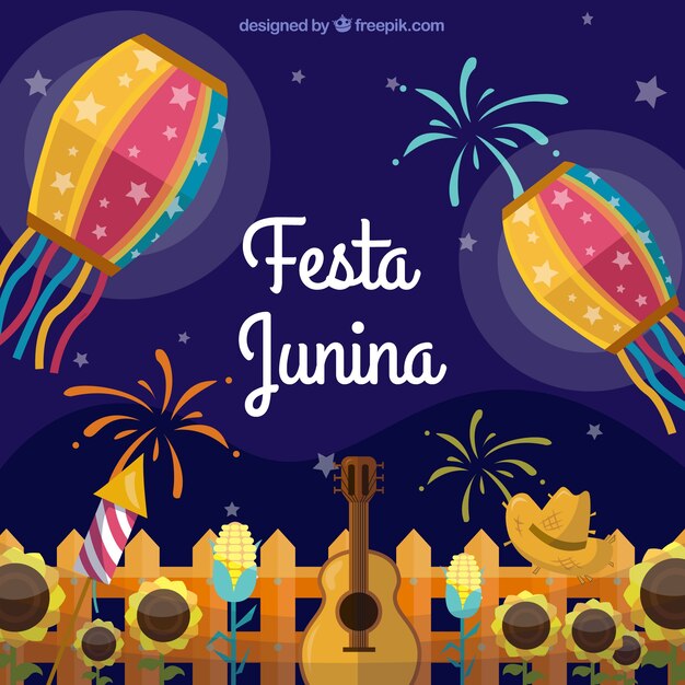 Fondo de fiesta junina con celebración y fuegos artificiales