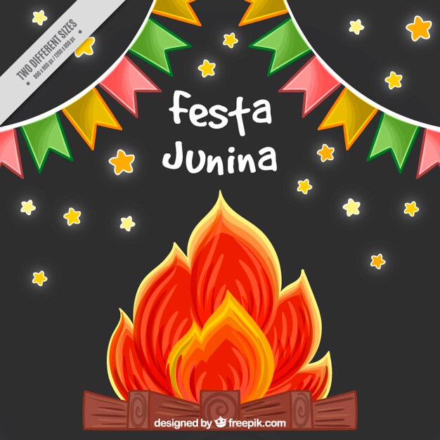 Vector gratuito fondo de fiesta junina dibujado a mano con banderines y fogata