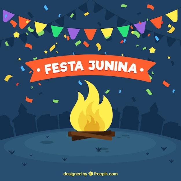 Vector gratuito fondo de fiesta junina con fogata y confetti