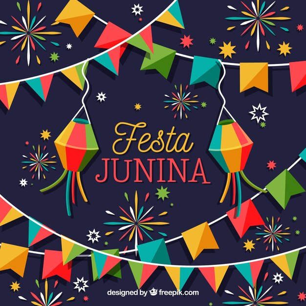 Fondo de fiesta junina con fuegos artificiales coloridos