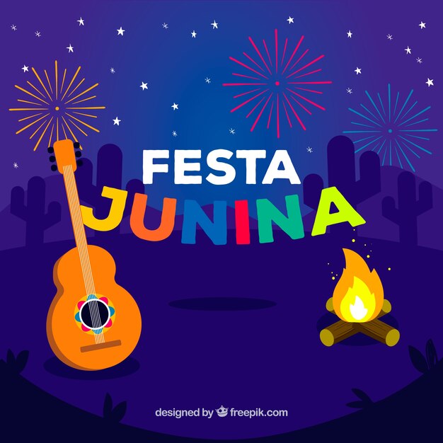 Fondo de fiesta junina con fuegos artificiales y guitarra