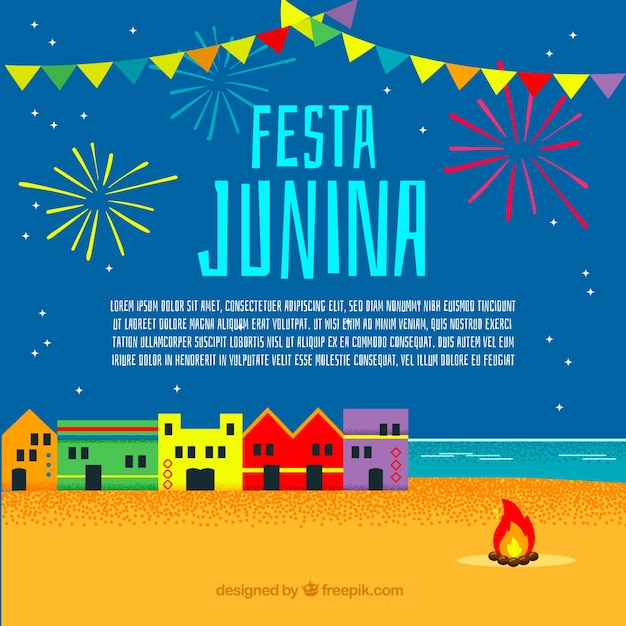 Fondo de fiesta junina con fuegos artificiales y pueblo