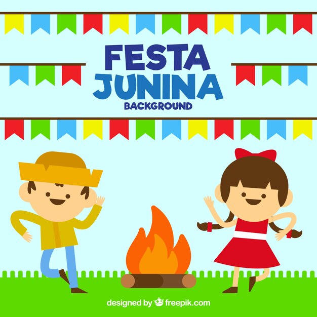 Fondo de fiesta junina con pareja bailando alrededor de la hoguera