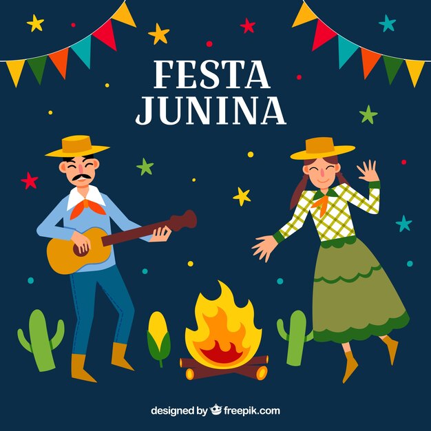 Fondo de fiesta junina con personas bailando y tocando 