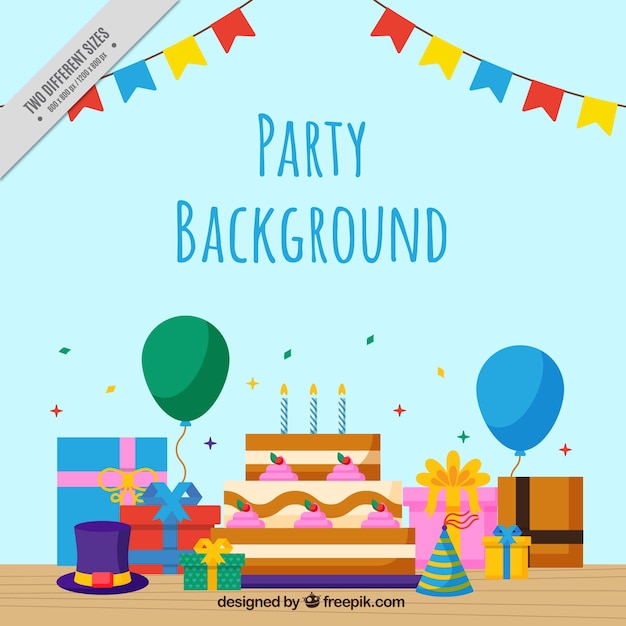 Vector gratuito fondo de fiesta con tarta de cumpleaños en diseño plano