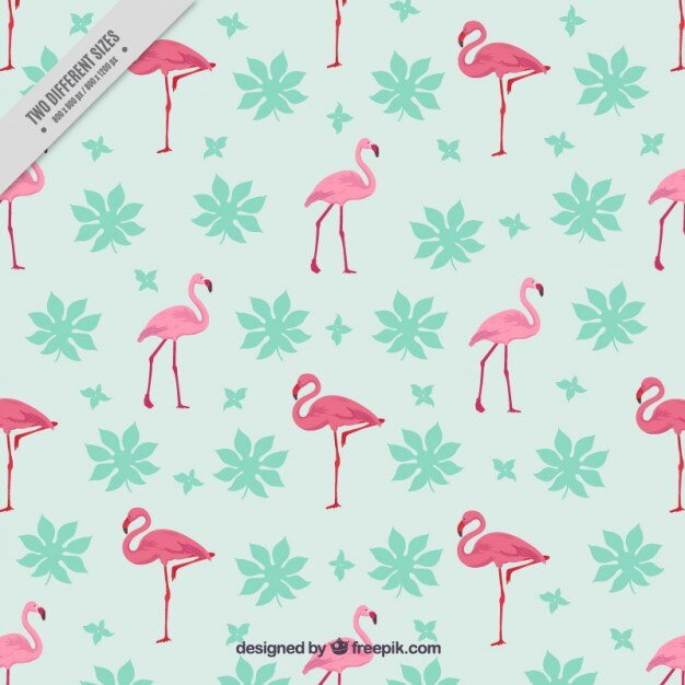 Fondo de flamencos dibujados a mano con hojas 