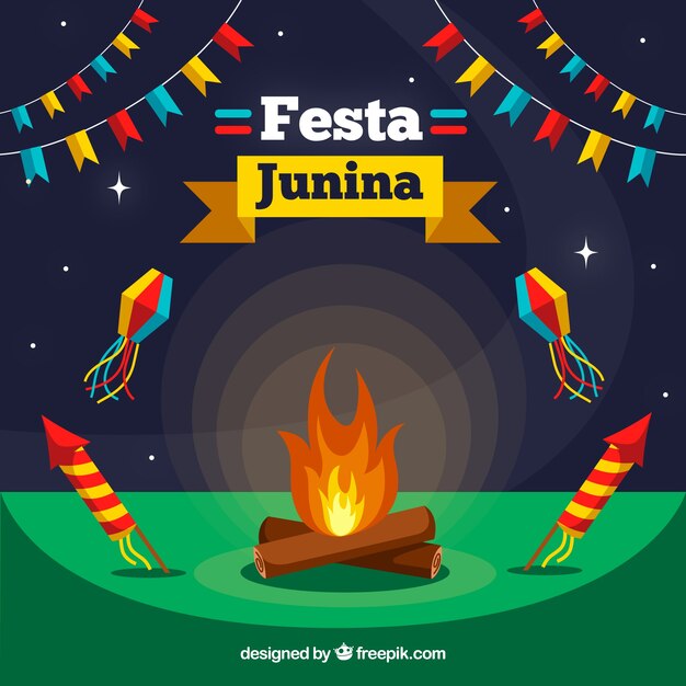 Fondo flat de festa junina con hoguera