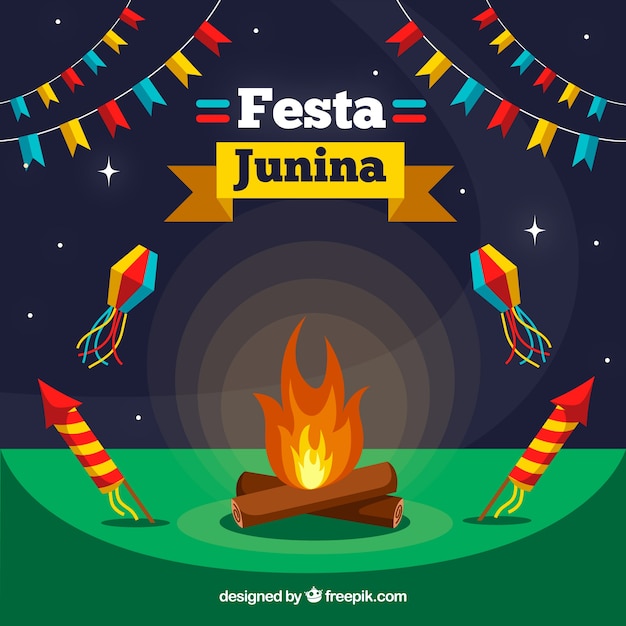 Fondo flat de festa junina con hoguera