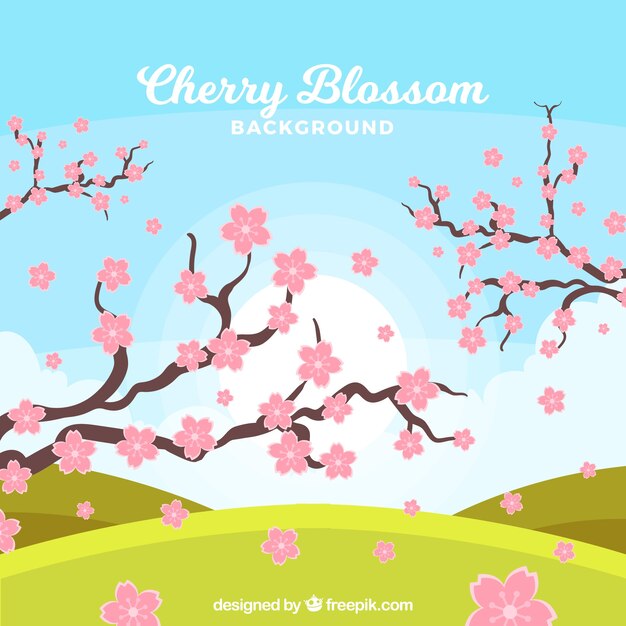 Fondo de flor de cerezo con paisaje