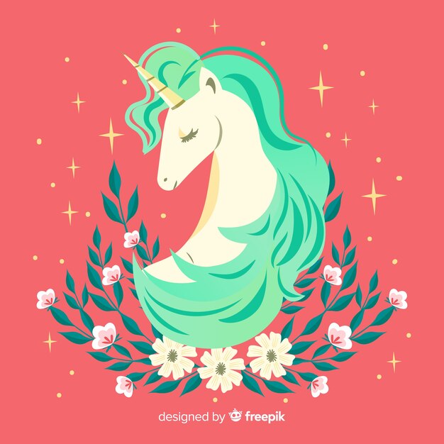 Fondo floral de unicornio adorable en diseño plano