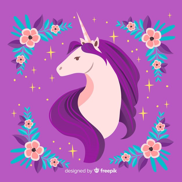 Fondo floral de unicornio adorable en diseño plano