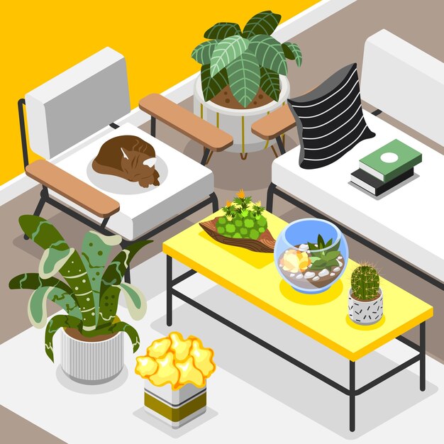Fondo de florarium con gato de plantas de interior y decoración de interiores ilustración vectorial isométrica