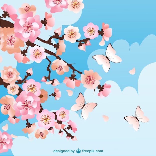 Vector gratuito fondo de flores del cerezo con mariposas