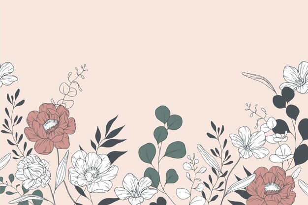 Fondo de flores y hojas dibujadas a mano