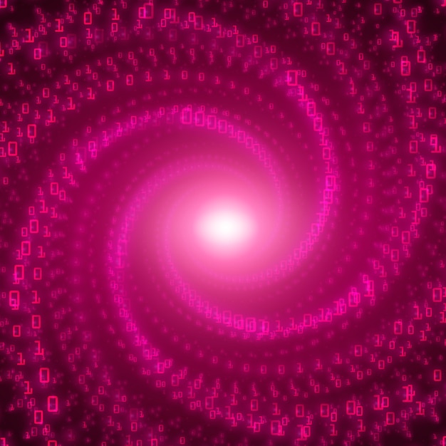 Fondo de flujo de datos. Flujo violeta de big data como cadenas de números binarios retorcidas en un túnel infinito