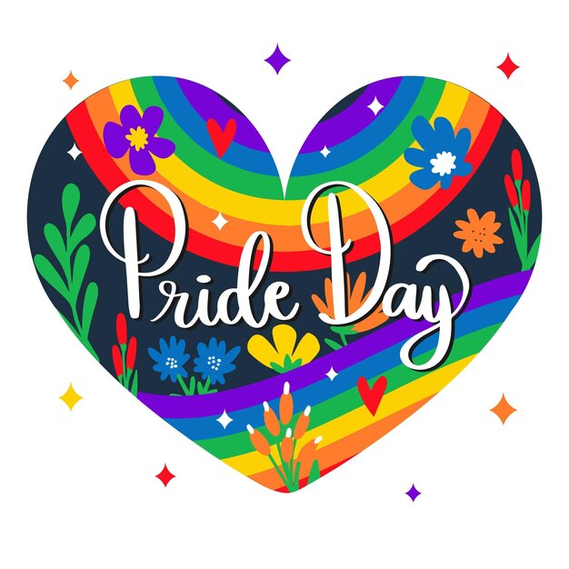 Fondo en forma de corazón del día del orgullo con letras y flores