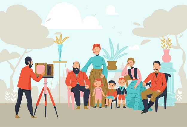 Fondo de fotógrafo vintage con cámara y posando ilustración de pareja familiar