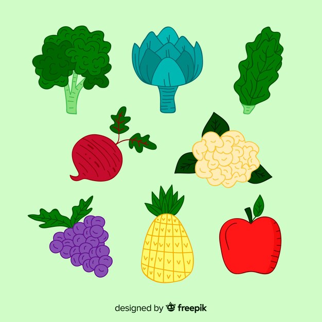 Fondo de frutas y verduras dibujado a mano