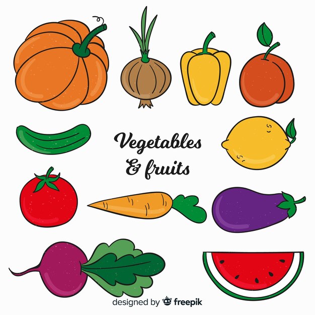 Fondo de frutas y verduras dibujado a mano