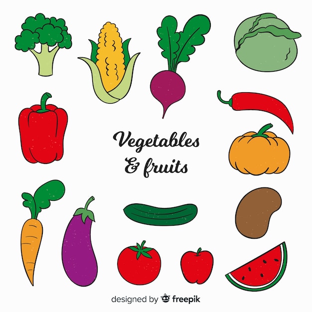 Fondo de frutas y verduras dibujado a mano
