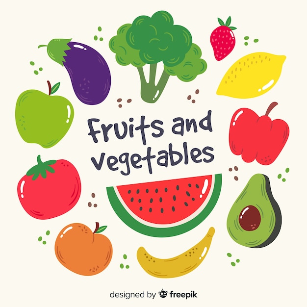 Vector gratuito fondo de frutas y verduras en dibujado a mano