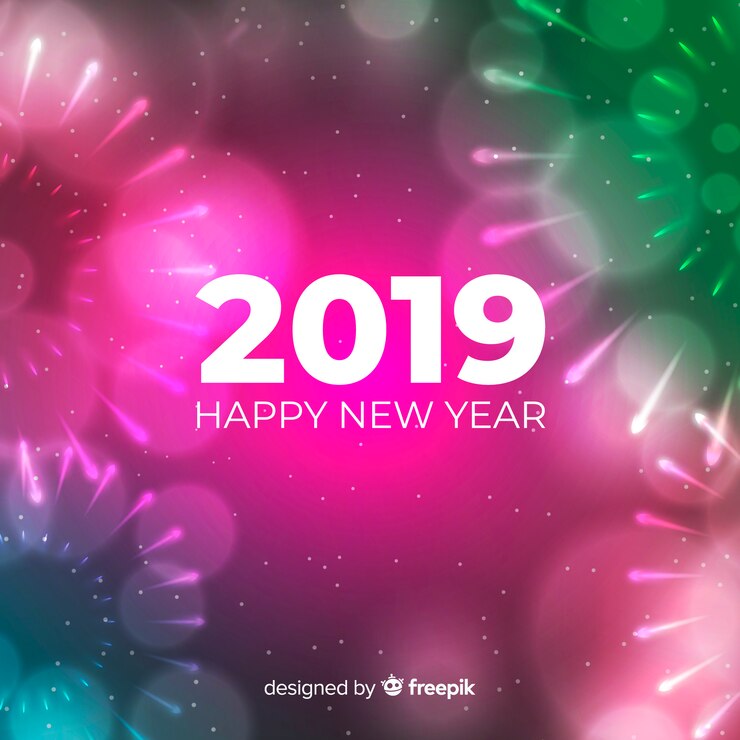 Vector gratuito fondo de fuegos artificiales de año nuevo 2019 borroso